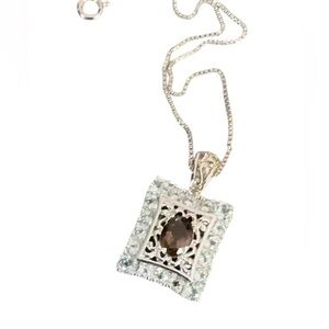 Sterling Silver 925 Smoky Quartz Pendant Necklace with CZ Accents